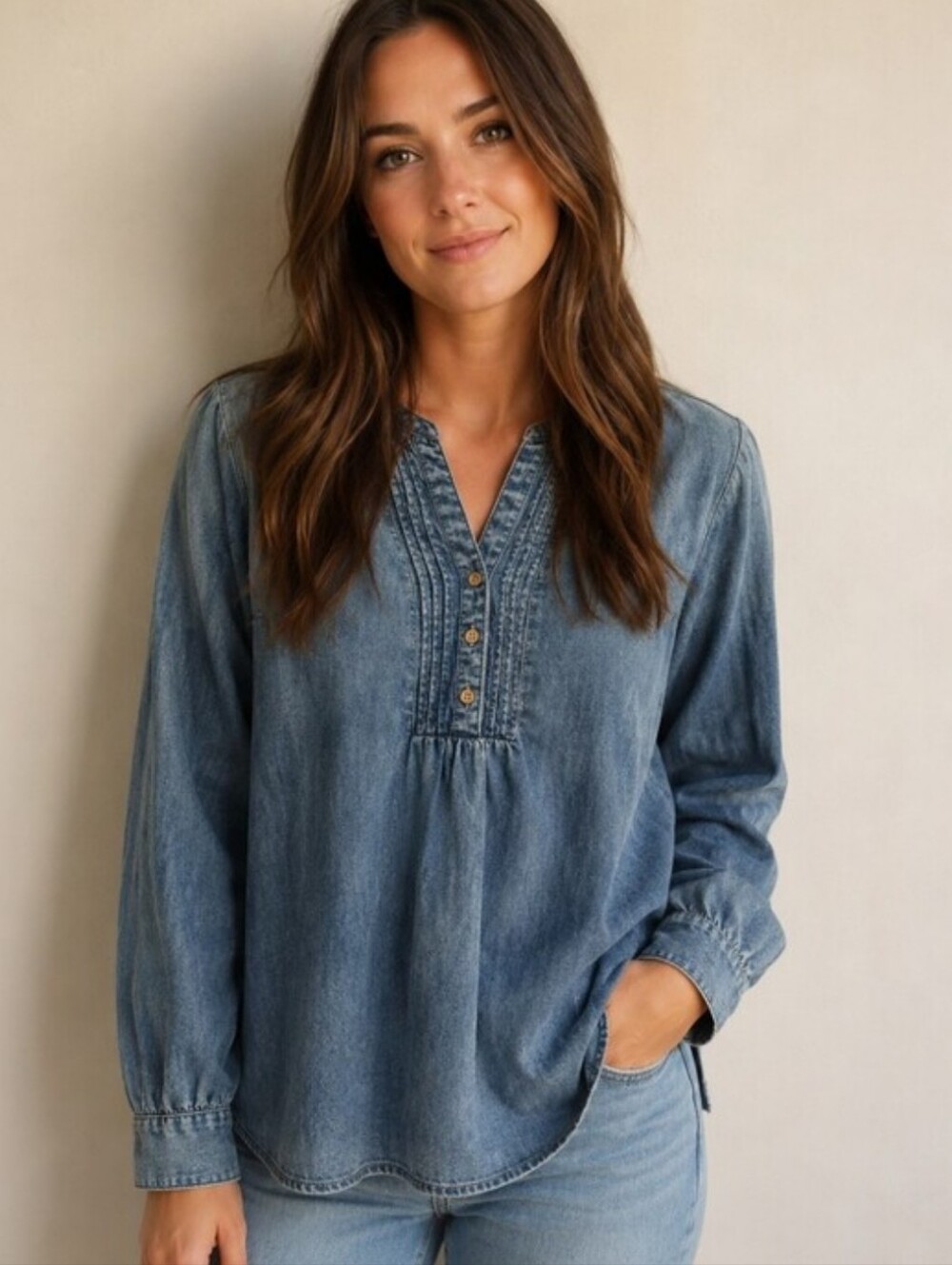 PureJill Indigo Pintucked Denim Tunic Blouse 100% Cotton Minimalist Country